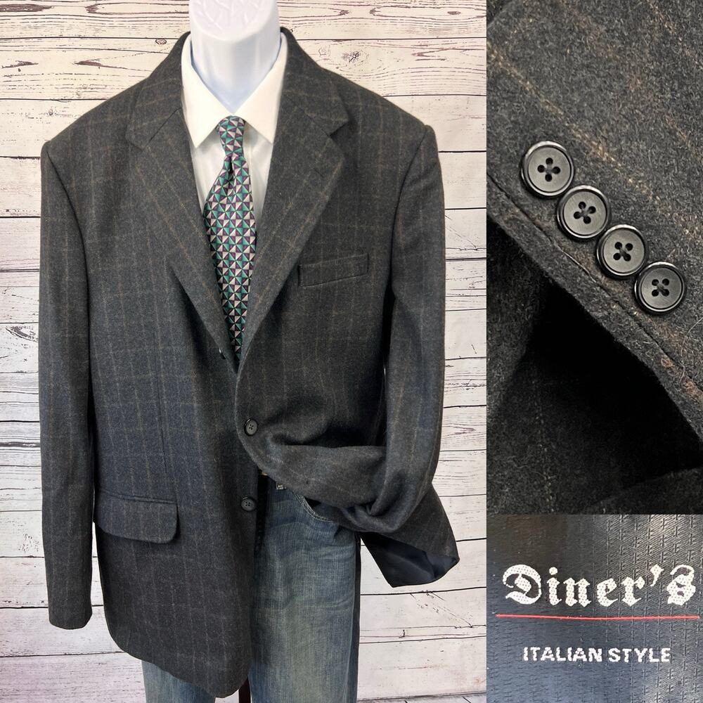 Diner’s Italian Style 3 Button Blazer Mens XL Wool Jacket Sport Coat Windowpane